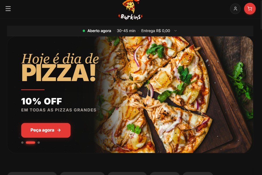 Interface do aplicativo de delivery Burkins Pizzas